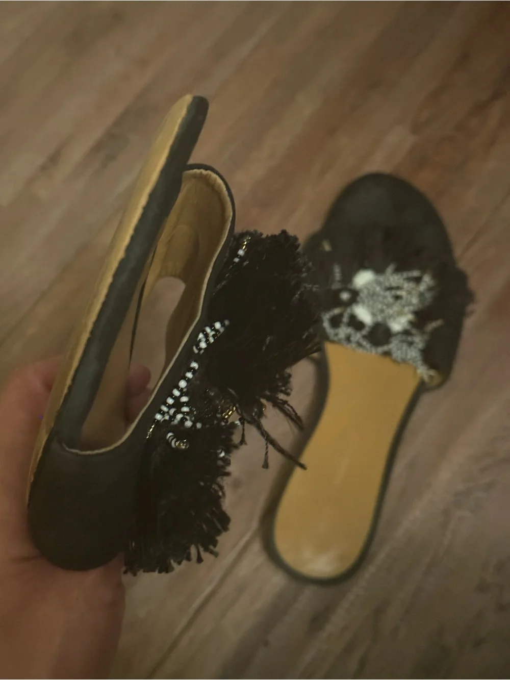 Rebecca Minkoff Black Slide Sandals with White Beaded Floral Accents